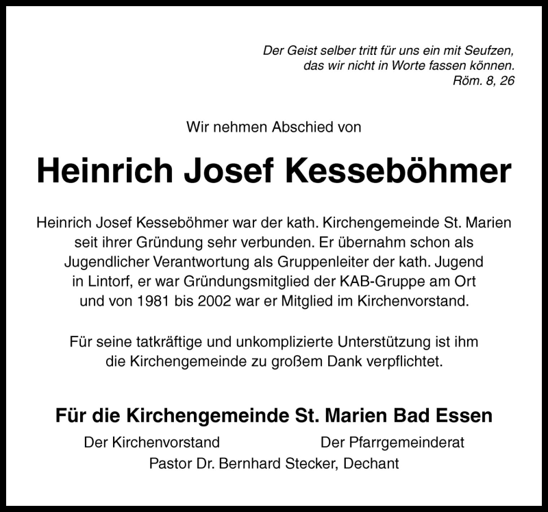  Traueranzeige für Heinrich Josef Kesseböhmer vom 15.07.2011 aus Neue Osnabrücker Zeitung GmbH & Co. KG