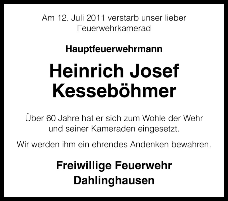  Traueranzeige für Heinrich Josef Kesseböhmer vom 15.07.2011 aus Neue Osnabrücker Zeitung GmbH & Co. KG