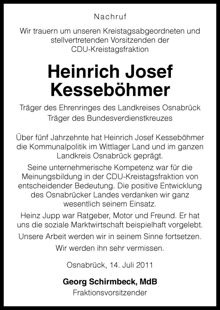  Traueranzeige für Heinrich Josef Kesseböhmer vom 15.07.2011 aus Neue Osnabrücker Zeitung GmbH & Co. KG