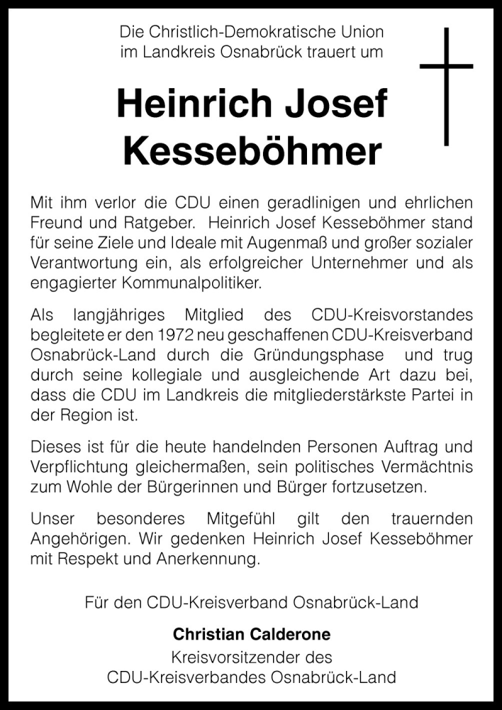  Traueranzeige für Heinrich Josef Kesseböhmer vom 16.07.2011 aus Neue Osnabrücker Zeitung GmbH & Co. KG