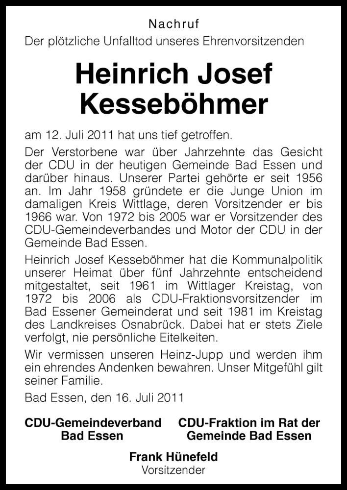  Traueranzeige für Heinrich Josef Kesseböhmer vom 16.07.2011 aus Neue Osnabrücker Zeitung GmbH & Co. KG