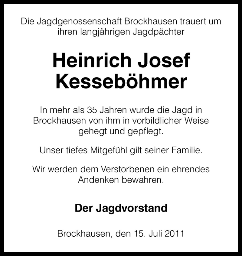  Traueranzeige für Heinrich Josef Kesseböhmer vom 16.07.2011 aus Neue Osnabrücker Zeitung GmbH & Co. KG