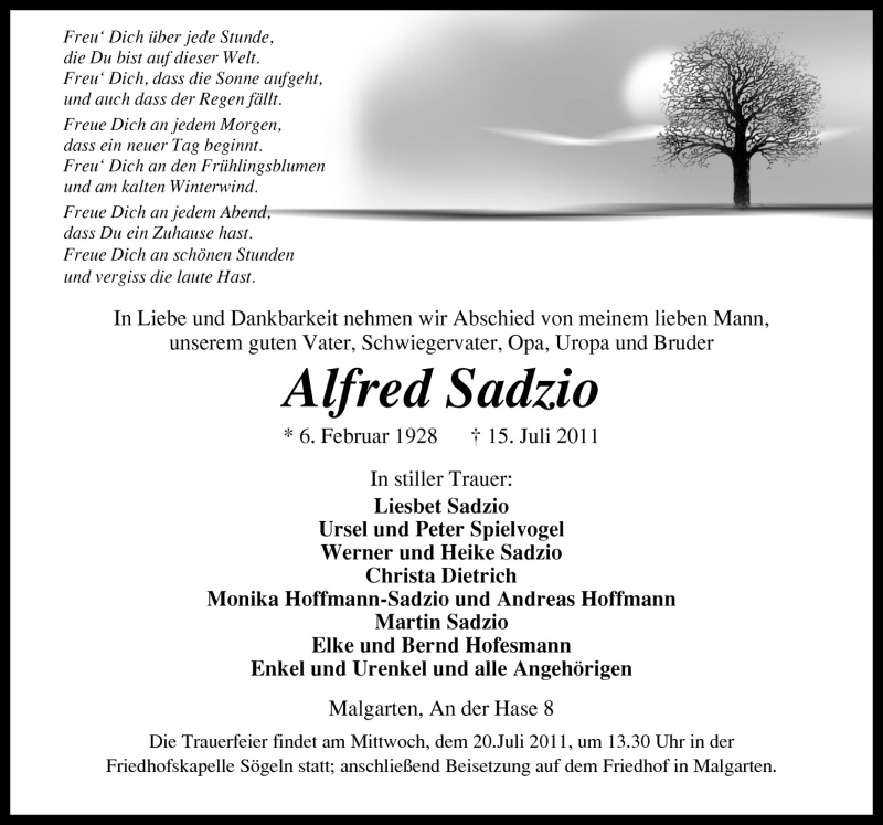  Traueranzeige für Alfred Sadzio vom 18.07.2011 aus Neue Osnabrücker Zeitung GmbH & Co. KG