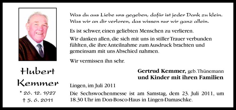  Traueranzeige für Hubert Kemmer vom 20.07.2011 aus Neue Osnabrücker Zeitung GmbH & Co. KG