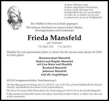 Traueranzeige von Frieda Mansfeld von Neue Osnabrücker Zeitung GmbH & Co. KG