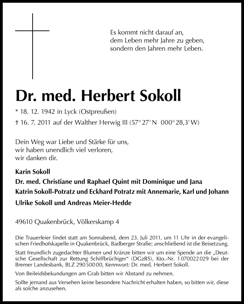  Traueranzeige für Herbert Sokoll vom 20.07.2011 aus Neue Osnabrücker Zeitung GmbH & Co. KG