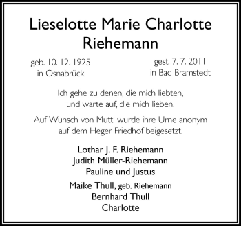 Traueranzeige von Lieselotte Marie Charlotte Riehemann von Neue Osnabrücker Zeitung GmbH & Co. KG