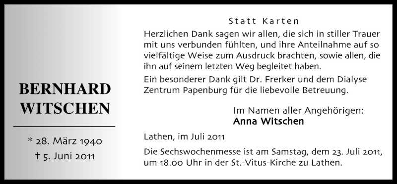  Traueranzeige für Bernhard Witschen vom 21.07.2011 aus Neue Osnabrücker Zeitung GmbH & Co. KG