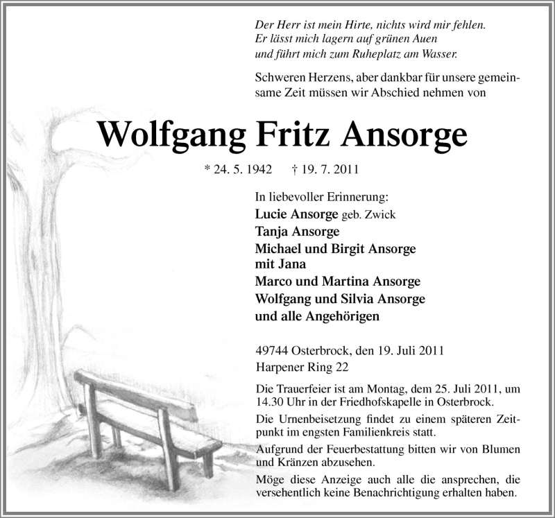  Traueranzeige für Wolgang Fritz Ansorge vom 22.07.2011 aus Neue Osnabrücker Zeitung GmbH & Co. KG