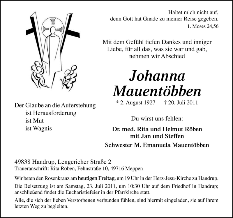  Traueranzeige für Johanna Mauentöbben vom 22.07.2011 aus Neue Osnabrücker Zeitung GmbH & Co. KG