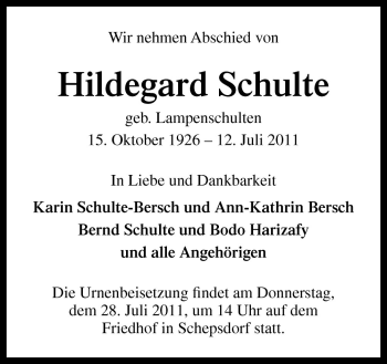 Traueranzeige von Hildegard Schulte von Neue Osnabrücker Zeitung GmbH & Co. KG