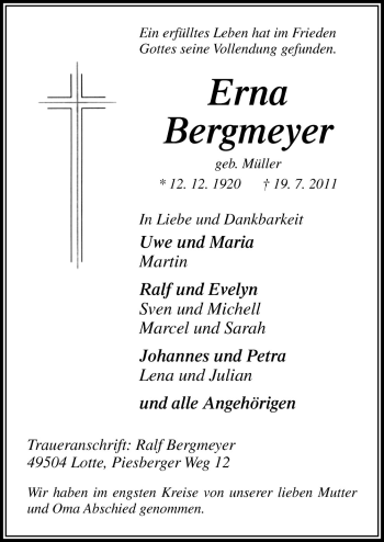 Traueranzeige von Erna Bergmeyer von Neue Osnabrücker Zeitung GmbH & Co. KG