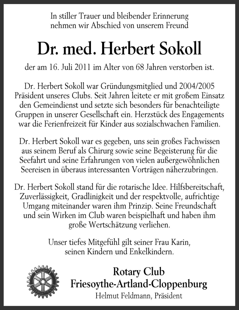  Traueranzeige für Herbert Sokoll vom 22.07.2011 aus Neue Osnabrücker Zeitung GmbH & Co. KG