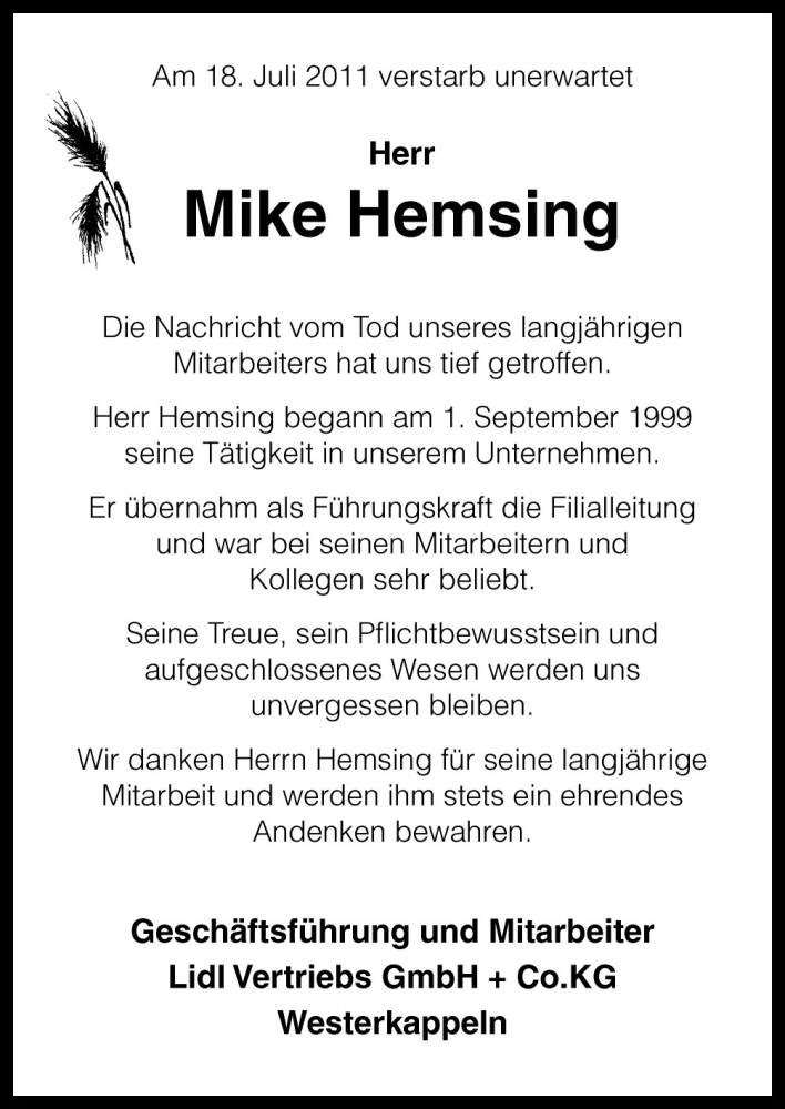  Traueranzeige für Mike Hemsing vom 22.07.2011 aus Neue Osnabrücker Zeitung GmbH & Co. KG