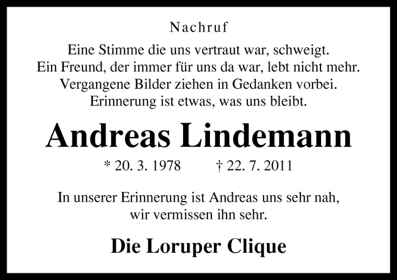  Traueranzeige für Andreas Lindemann vom 25.07.2011 aus Neue Osnabrücker Zeitung GmbH & Co. KG