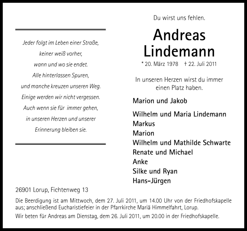  Traueranzeige für Andreas Lindemann vom 25.07.2011 aus Neue Osnabrücker Zeitung GmbH & Co. KG