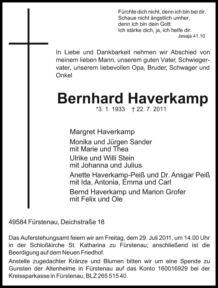  Traueranzeige für Bernhard Haverkamp vom 25.07.2011 aus Neue Osnabrücker Zeitung GmbH & Co. KG