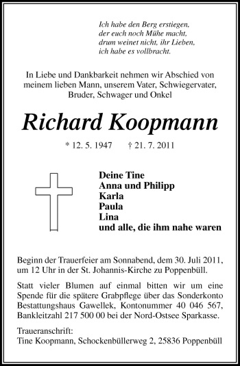 Traueranzeige von Richard Koopmann von Neue Osnabrücker Zeitung GmbH & Co. KG