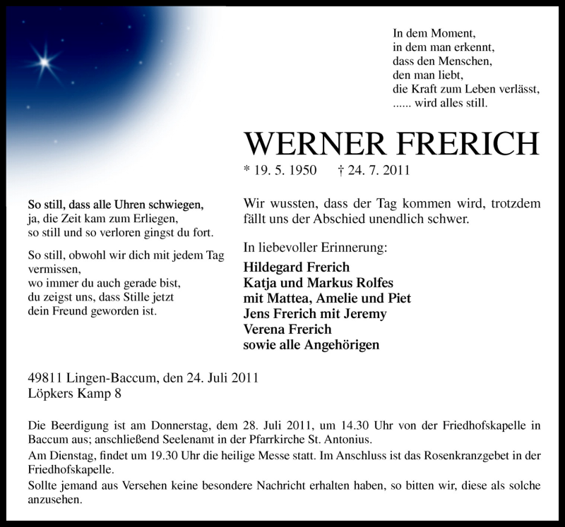  Traueranzeige für Werner Frerich vom 26.07.2011 aus Neue Osnabrücker Zeitung GmbH & Co. KG