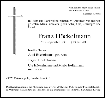 Traueranzeige von Franz Höckelmann von Neue Osnabrücker Zeitung GmbH & Co. KG