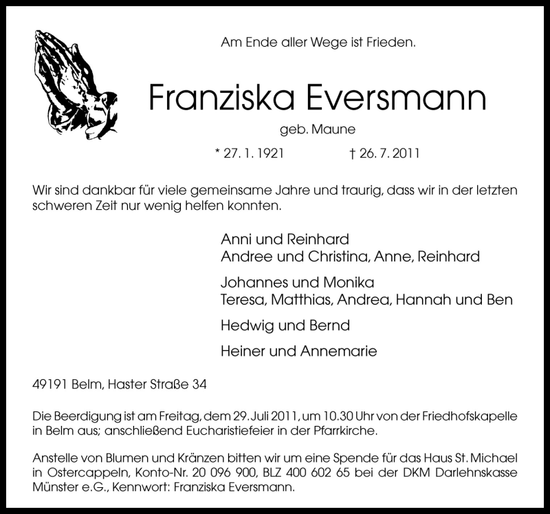  Traueranzeige für Franziska Eversmann vom 27.07.2011 aus Neue Osnabrücker Zeitung GmbH & Co. KG