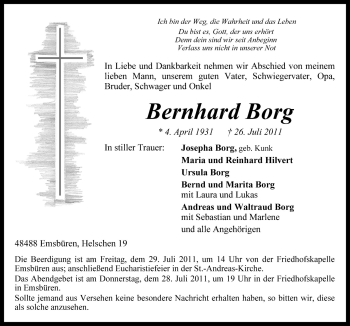 Traueranzeige von Bernhard Borg von Neue Osnabrücker Zeitung GmbH & Co. KG