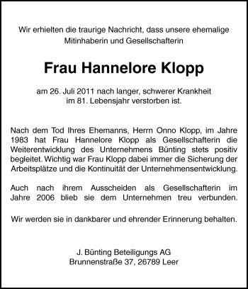 Traueranzeige von Hannelore Klopp von Neue Osnabrücker Zeitung GmbH & Co. KG