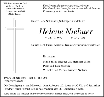 Traueranzeige von Helene Niebuer von Neue Osnabrücker Zeitung GmbH & Co. KG