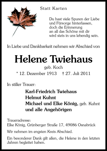 Traueranzeige von Helene Twiehaus von Neue Osnabrücker Zeitung GmbH & Co. KG
