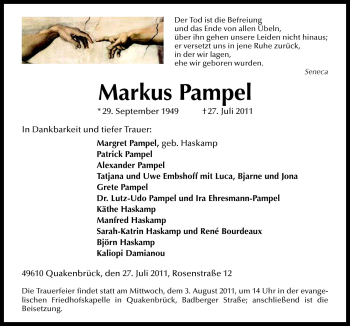 Traueranzeige von Markus Pampel von Neue Osnabrücker Zeitung GmbH & Co. KG