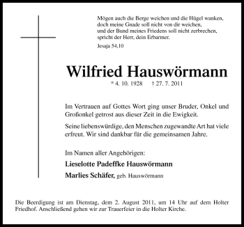 Traueranzeige von Wilfried Hauswörmann von Neue Osnabrücker Zeitung GmbH & Co. KG