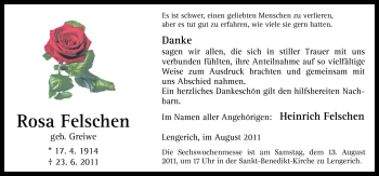 Traueranzeige von Rosa Felschen von Neue Osnabrücker Zeitung GmbH & Co. KG