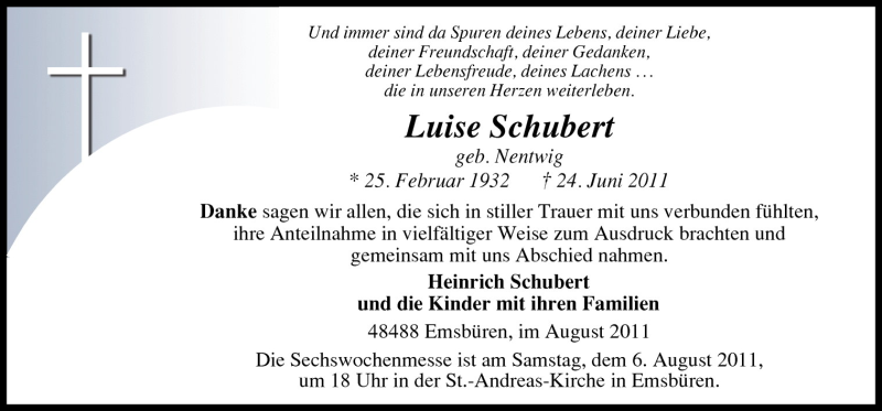  Traueranzeige für Luise Schubert vom 03.08.2011 aus Neue Osnabrücker Zeitung GmbH & Co. KG