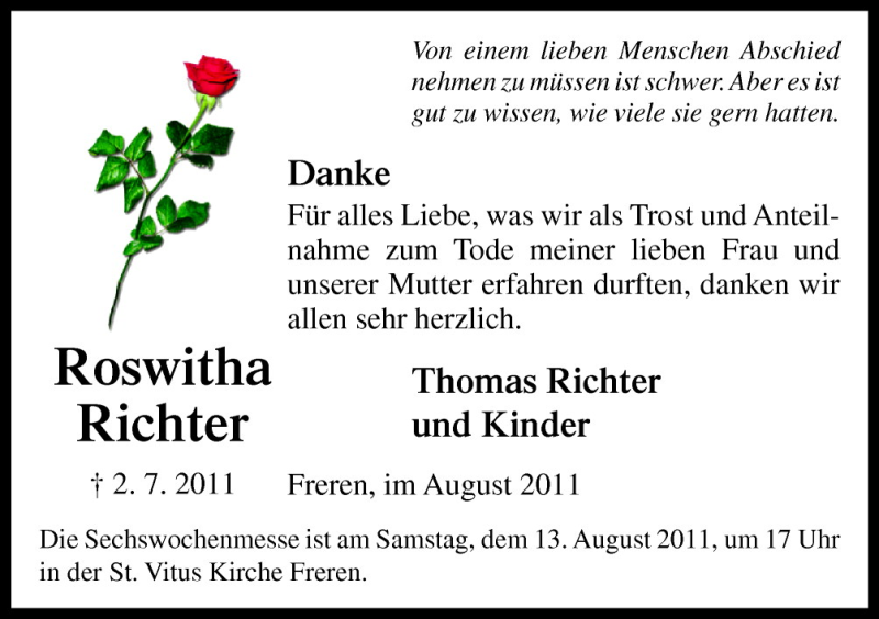  Traueranzeige für Roswitha Richter vom 10.08.2011 aus Neue Osnabrücker Zeitung GmbH & Co. KG