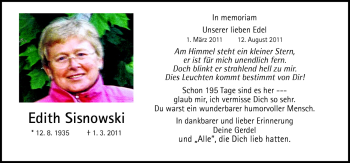 Traueranzeige von Edith Sisnowski von Neue Osnabrücker Zeitung GmbH & Co. KG