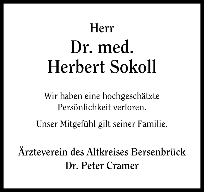  Traueranzeige für Herbert Sokoll vom 06.08.2011 aus Neue Osnabrücker Zeitung GmbH & Co. KG