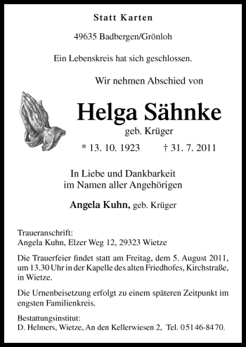 Traueranzeige von Helga Sähnke von Neue Osnabrücker Zeitung GmbH & Co. KG