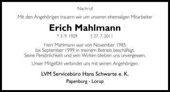 Traueranzeige von Erich Mahlmann von Neue Osnabrücker Zeitung GmbH & Co. KG