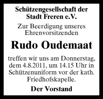 Traueranzeige von Rudo Oudemaat von Neue Osnabrücker Zeitung GmbH & Co. KG