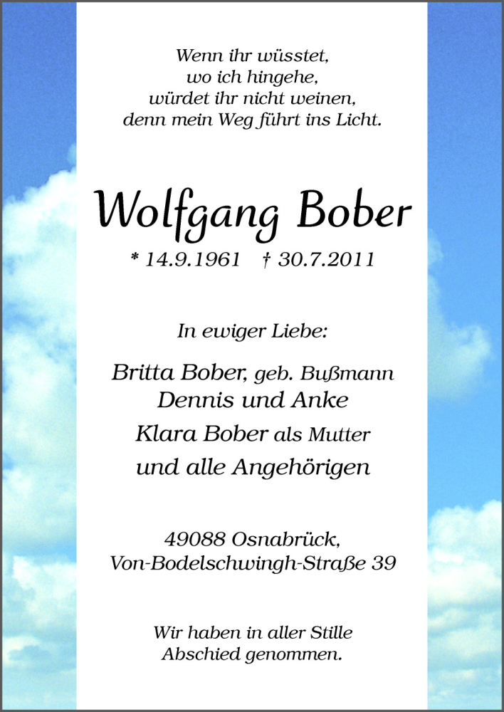  Traueranzeige für Wolfgang Bober vom 06.08.2011 aus Neue Osnabrücker Zeitung GmbH & Co. KG