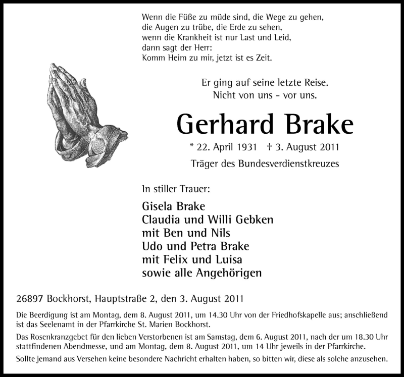  Traueranzeige für Gerhard Brake vom 05.08.2011 aus Neue Osnabrücker Zeitung GmbH & Co. KG