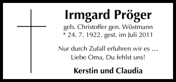 Traueranzeige von Irmgard Pröger von Neue Osnabrücker Zeitung GmbH & Co. KG
