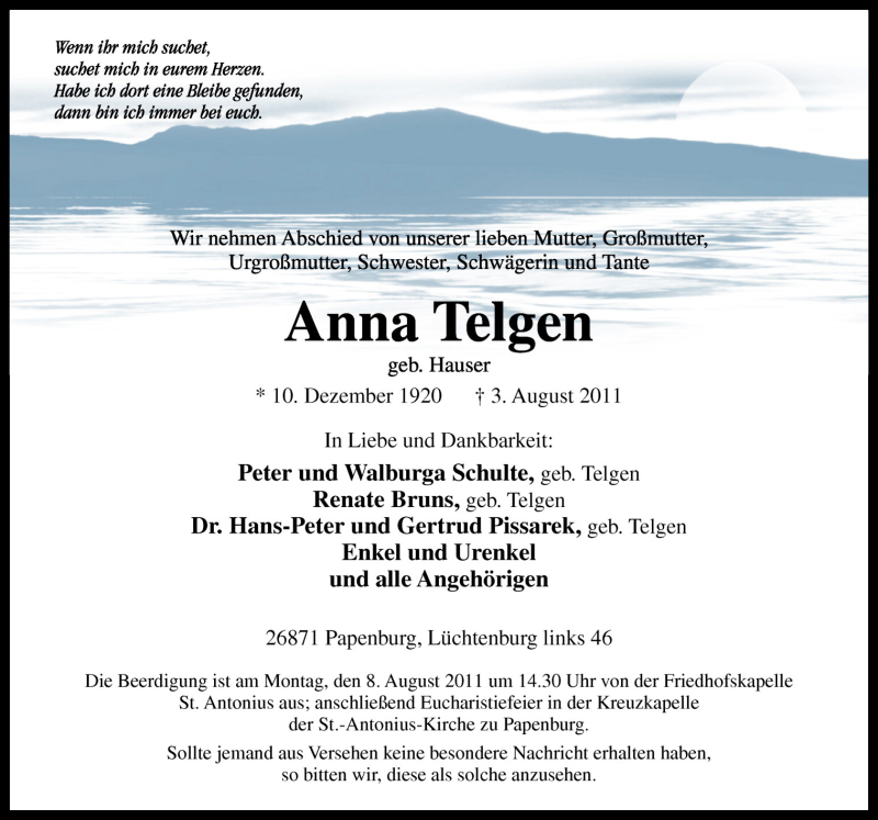  Traueranzeige für Anna Telgen vom 05.08.2011 aus Neue Osnabrücker Zeitung GmbH & Co. KG