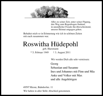 Traueranzeige von Roswitha Hüdepohl von Neue Osnabrücker Zeitung GmbH & Co. KG