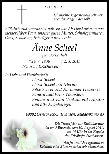 Traueranzeige von Änne Scheel von Neue Osnabrücker Zeitung GmbH & Co. KG