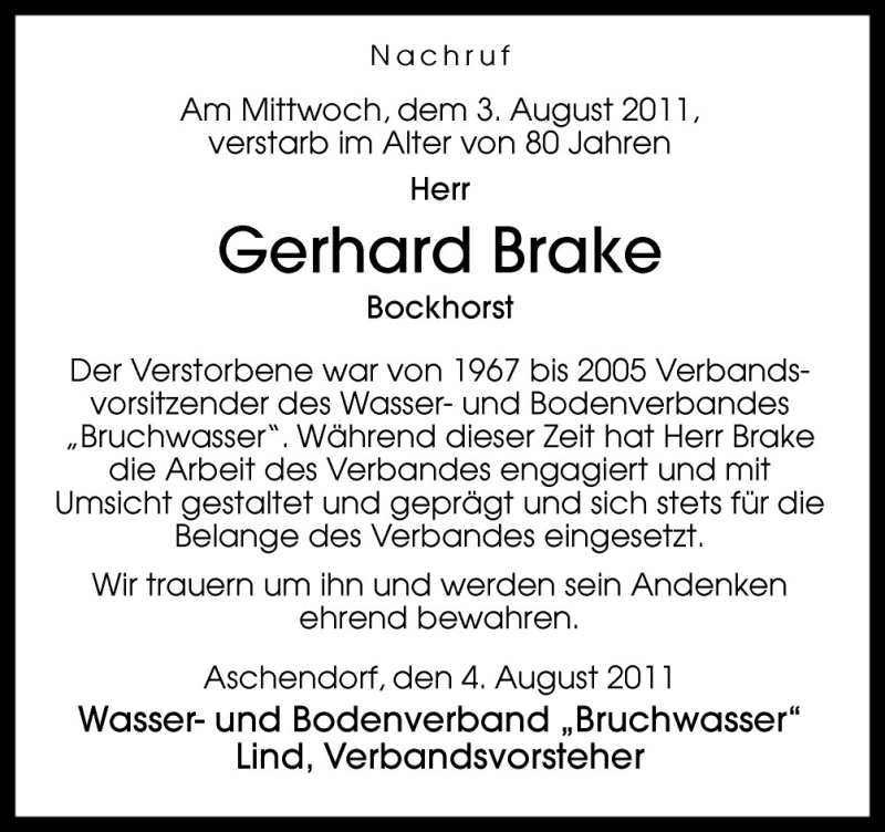  Traueranzeige für Gerhard Brake vom 06.08.2011 aus Neue Osnabrücker Zeitung GmbH & Co. KG