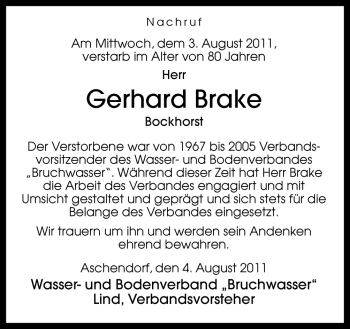 Traueranzeige von Gerhard Brake von Neue Osnabrücker Zeitung GmbH & Co. KG