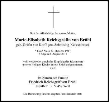 Traueranzeige von Marie-Elisabeth Reichsgräfin von Brühl von Neue Osnabrücker Zeitung GmbH & Co. KG