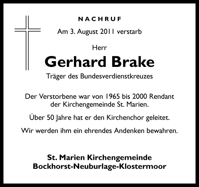  Traueranzeige für Gerhard Brake vom 08.08.2011 aus Neue Osnabrücker Zeitung GmbH & Co. KG