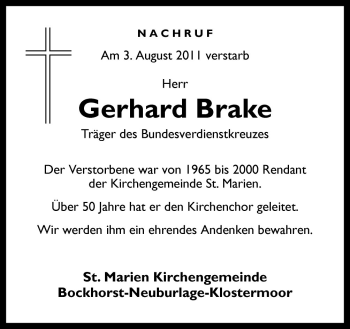 Traueranzeige von Gerhard Brake von Neue Osnabrücker Zeitung GmbH & Co. KG